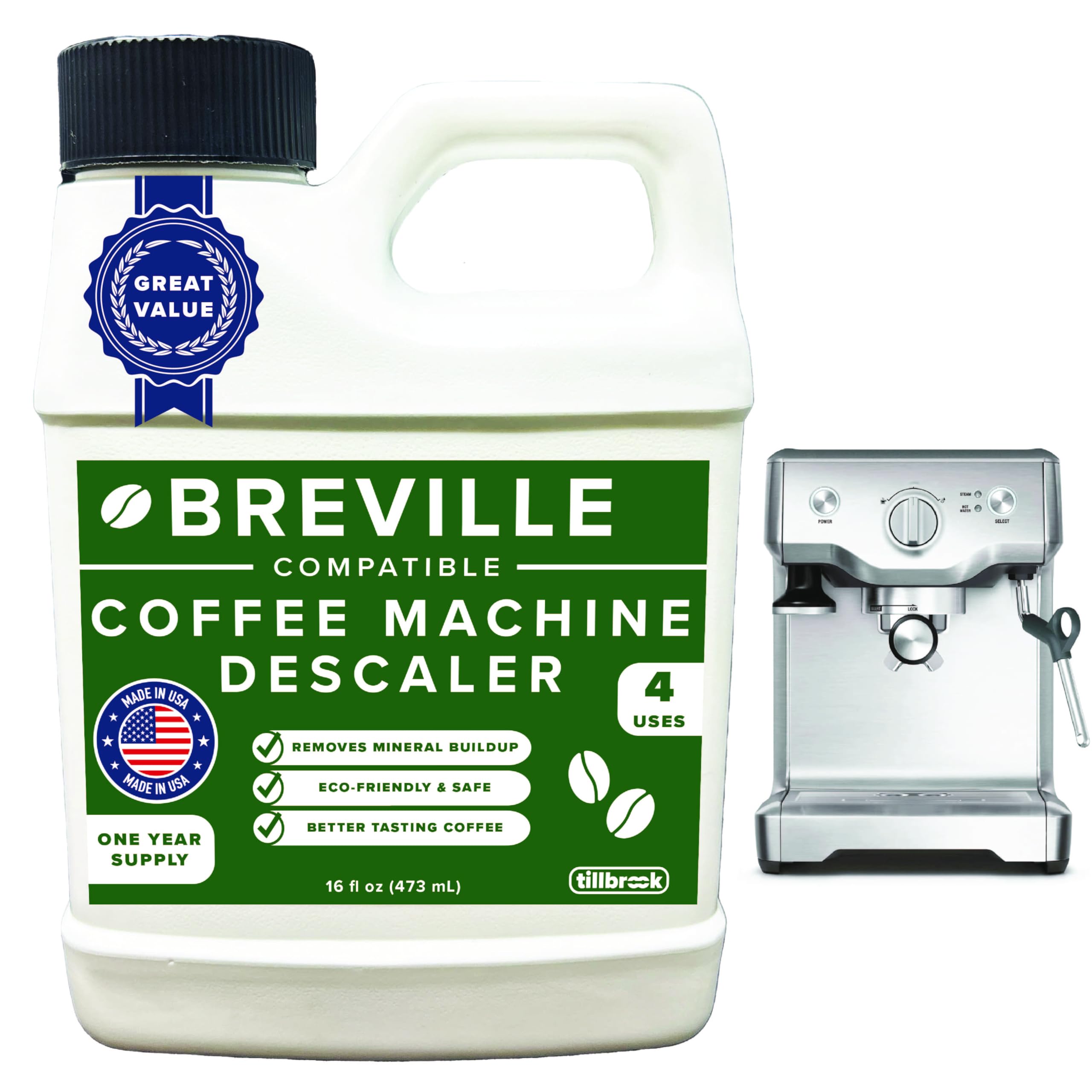 Tillbrook Breville Espresso Machine Compatible Descaler - 1 YEAR SUPPLY - Concentrated Descaler for Breville - 16 oz Coffee Maker Cleaner for Breville, Nespresso, Delonghi, Espresso Machine - 4 Uses