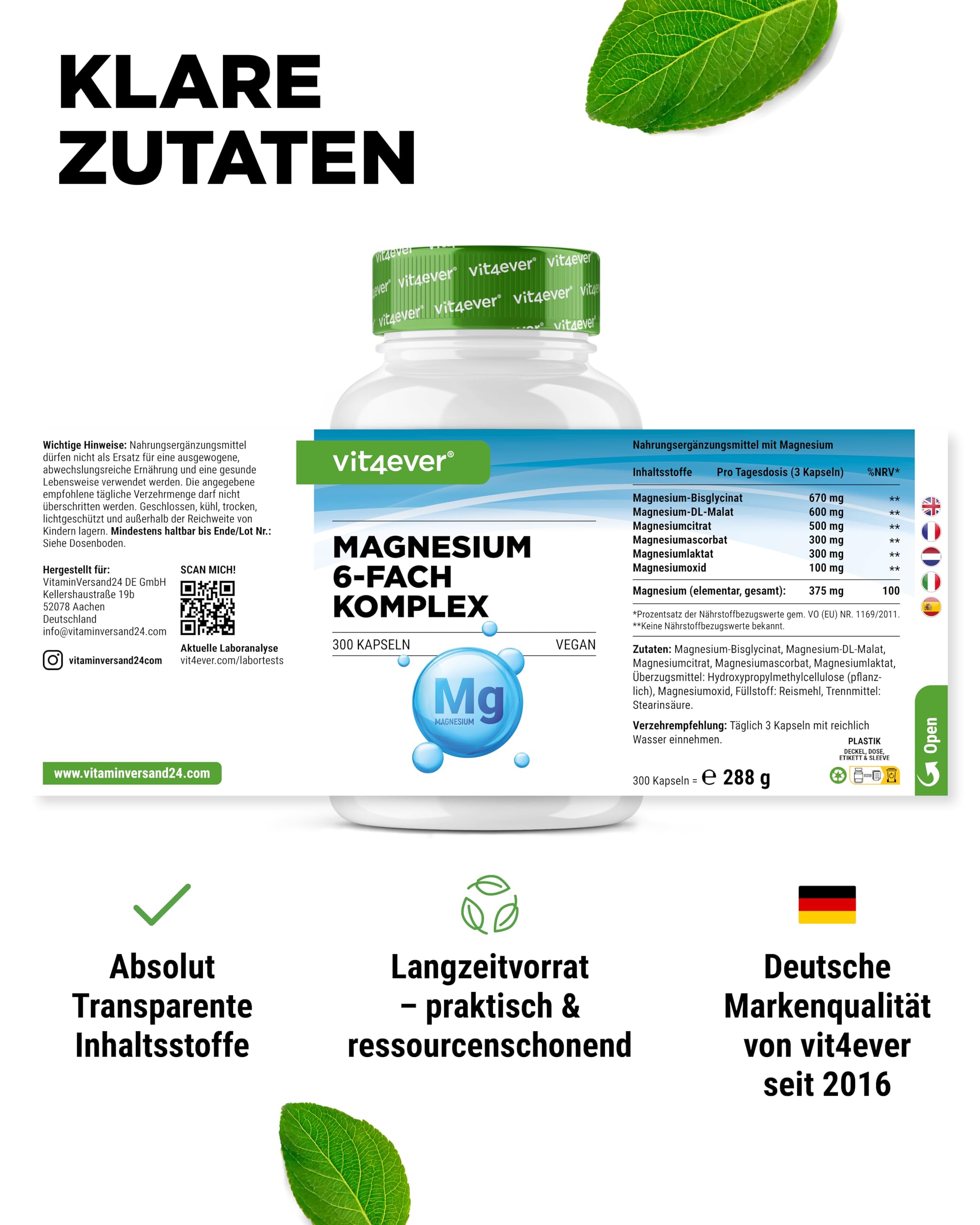 vit4ever Magnesium Komplex hochdosiert 375 mg - 6-fach mit hohem Bisglycinat-Anteil - 300 Kapseln (100 Tage) - mit Citrat, Malat, Ascorbat, Laktat - vegan, ohne unnötige Zusatzstoffe, laborgeprüft 7