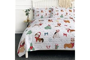 BlessLiving Dog Christmas Quilt Set Twin Size, Kids Cute Puppy Xmas Theme Bedspread-size68 x86, Soft Lightweight Coverlet, Bed Cover for All Seasons-3 Pieces, Includes 1 Quilt, 2 Shams