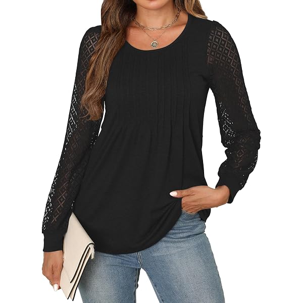 Elesomo Womens Tops Long Sleeve Lace Casual Crew Neck