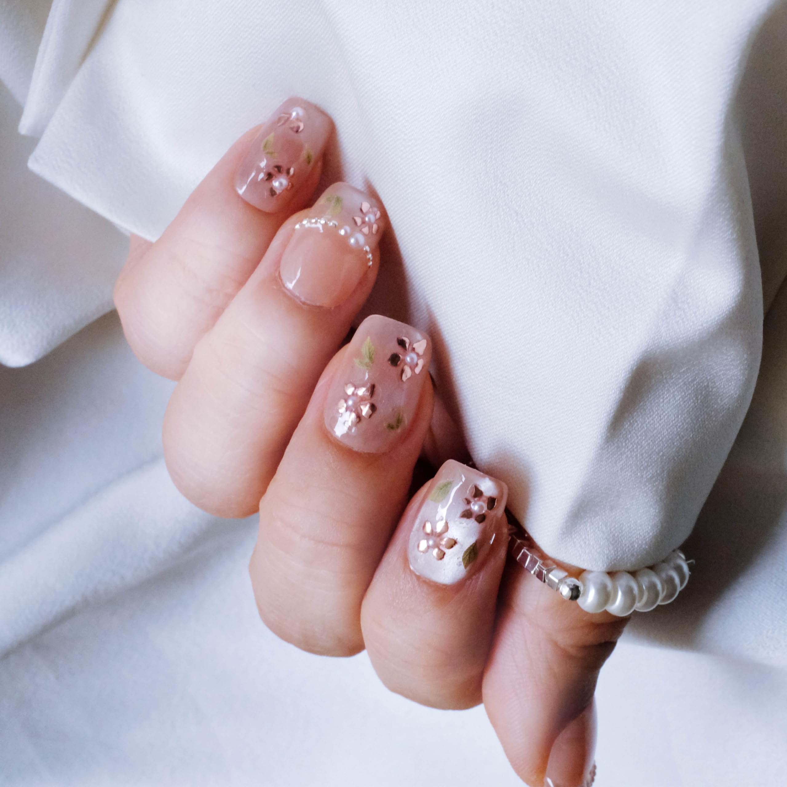 Photo 1 of [GLORS] Short Square Press On Nails, Nude Pink with Rose Gold Foil and Pearl Accents, 10 Pieces (Small, SS)