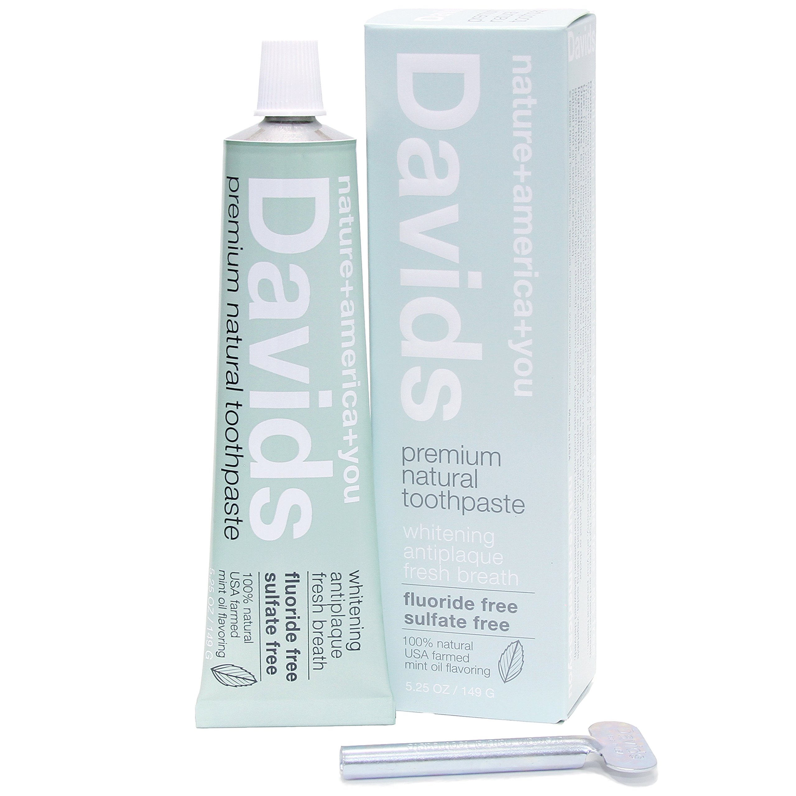 Davids Natural Toothpaste, Whitening, Antiplaque, Fluoride Free, SLS Free, Peppermint, 5.25 OZ Metal Tube, Tube Roller Included