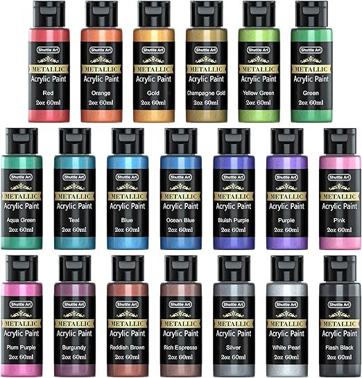 Amazon Shuttle Art アクリル絵の具 アクリル顔料 メタリック色 色セット 速乾 防水 耐久 60ml ブラシ3本 パレット付き キャンバス ガラス 陶器に描ける 子供用 イラスト 塗り絵 クラフト 手作り 美術 画材 宿題 初心者 専門家 絵具 通販