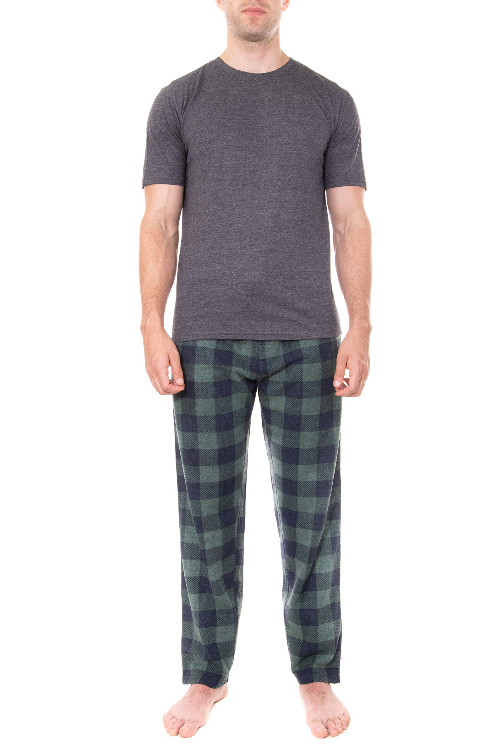 Swiss Alps Mens T-Shirt and Buffalo Plaid Check Fleece Lounge Pants Pajama Gift Set, Charcoal Grey Heather, XXL Image