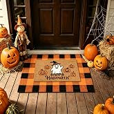 SEEKSEE Halloween Decor Outdoor Layered Doormat Set, Orange Black Buffalo Plaid Rug Coco Coir Door Mat for Front Door Non-Slip Doormat Set for Porch Outside Entrance Entryway Patio