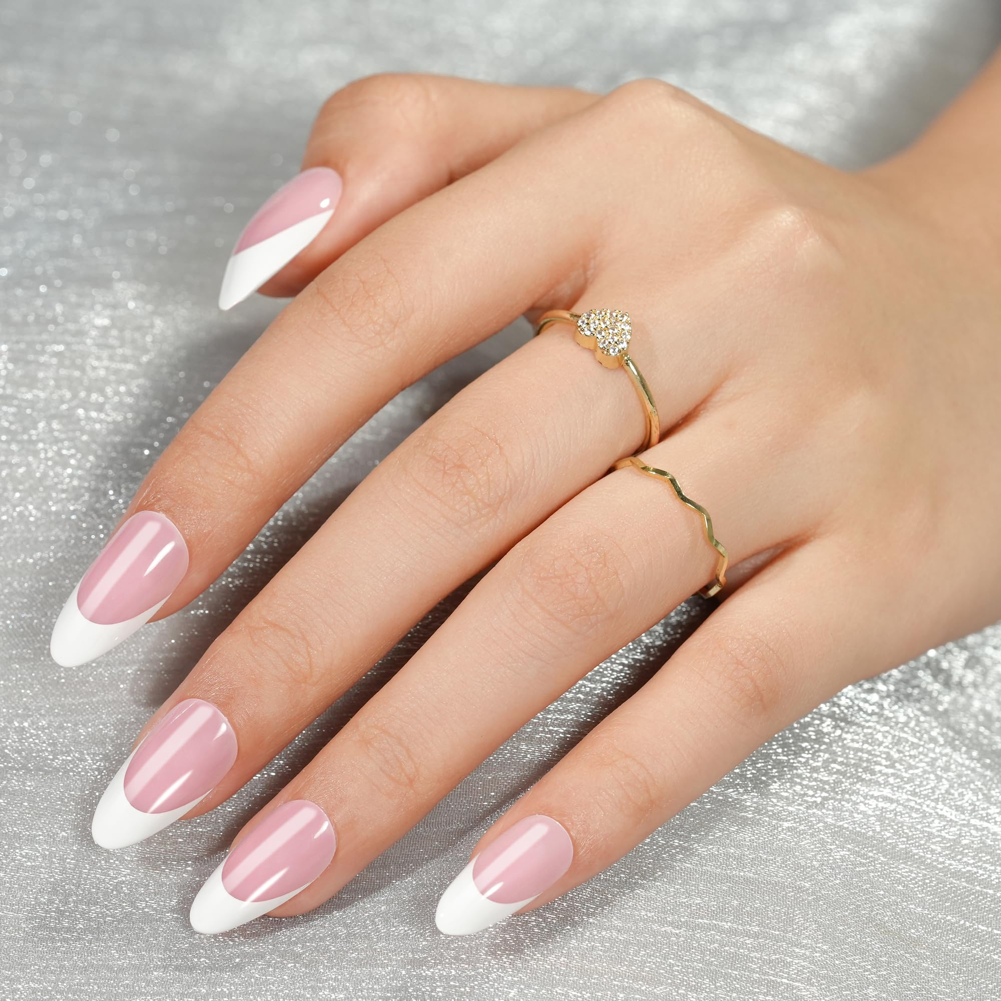 White French Tip, Jofay Fashion Press on Nails, 320Pcs Pink Medium Almond Nails, Pre-applied Tip Primer & Base Coat, Salon Fake Nails, 16 Sizes - Image 2