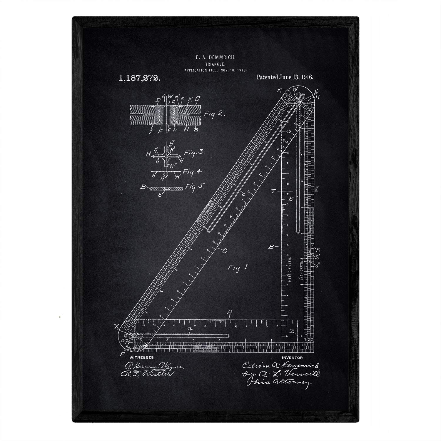 Nacnic Poster Squaring patent. Sheet with old design patent A3 size with black background