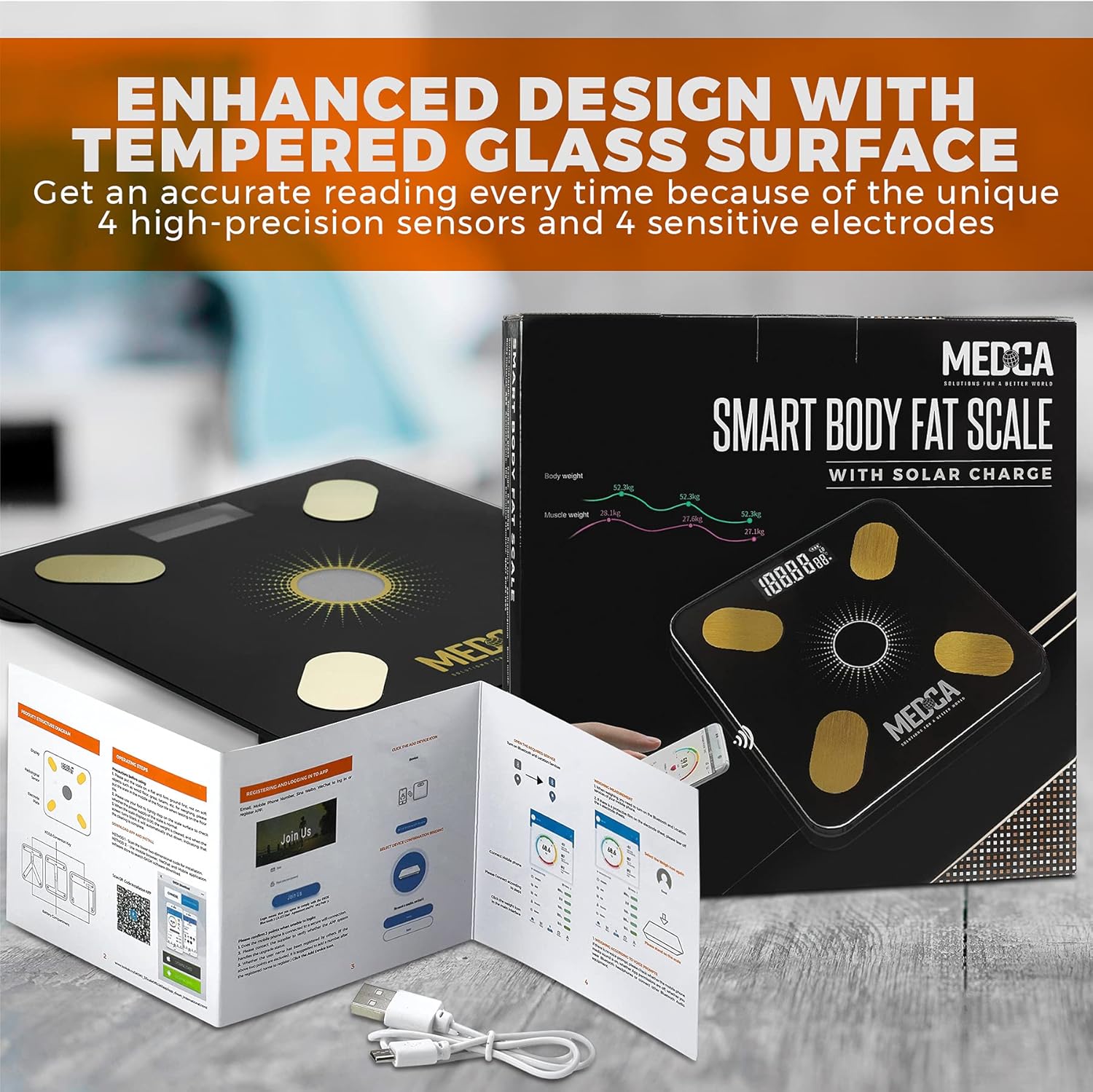 Body Fat Scale - Smart Digital Solar Powered Glass Bathroom Scale Measures, Tracks and Analyzes Weight Fat Loss BMI Body Composition and More Monitor Your Progress with Smartphone App: Health & Personal Care