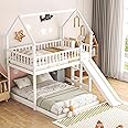 SOFTSEA Twin Over Full House Bunk Bed with Built-in Ladder and Slide, Wooden Bed Frame with Full-Length Guardrail, for Boys Girls Bedroom, White