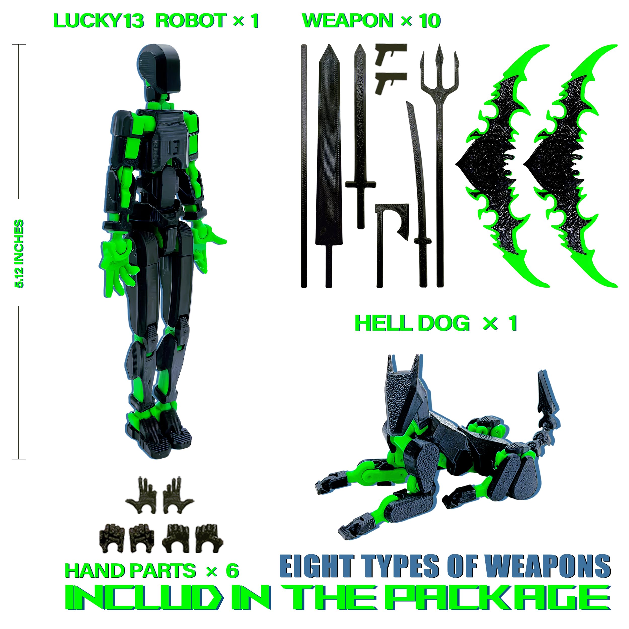 T13 (Assembly Completed) Action Figure Set, 3D Printed Toys Robo 13 Dummy 13 Titan 13 Nova 13 Stick Titan (Black + Green)