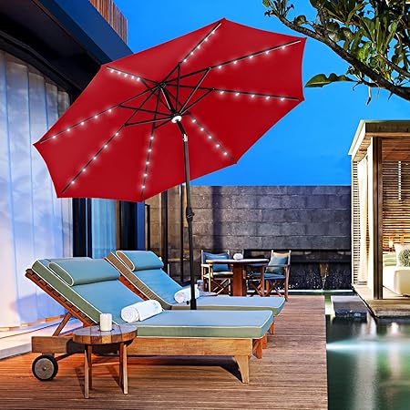 Amazon Com Klismos 10 Ft Patio Umbrella With Lights Outdoor Table Market Umbrella With Tilt Crank 8 Sturdy Rib Red Garden Outdoor