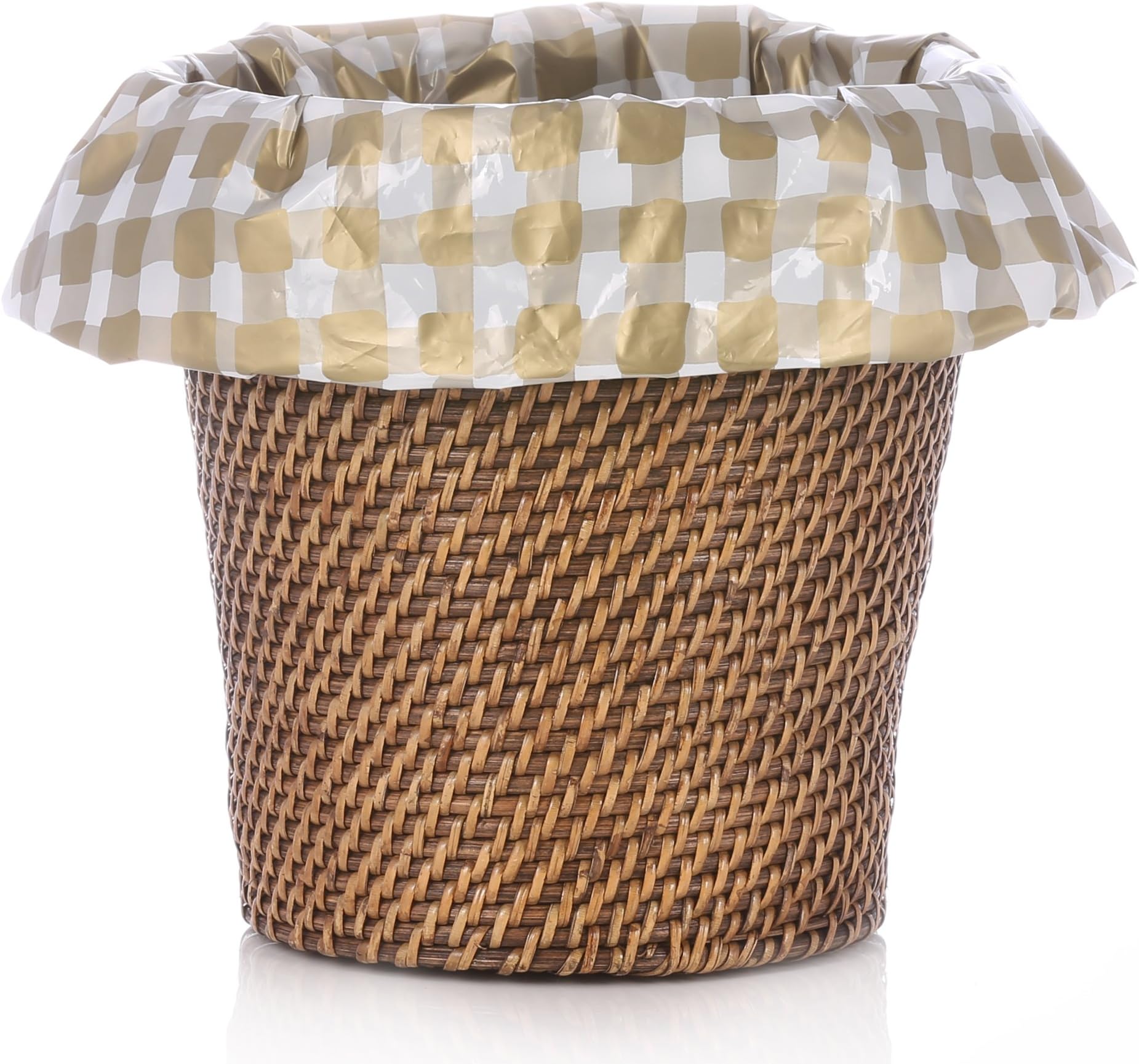 Designerliners Gold Gingham Pattern Home Decor Eco Green Biodegradable Plastic Waste Basket Trash Bags - For Kitchen, Bathroom, Den, Bedroom, Office. - "Dress the Mess!" - 12 Pack - 7 Gallons - 21 By 24 - USA Made