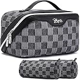 BOYATU Travel Makeup Bag for Women: Large Cosmetic Bag Set of 3 - PU Leather Make up Bag with Compartments - Compact Waterproof Toiletry Bag with Divider & Handle (D-2-Black)