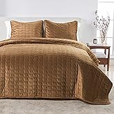 Great Bay Home Twin Size Velvet Quilt and Sham Set - Dual-Sided Luxury Velvet, Heavyweight 2-Piece Bedding Set - Ultra Soft, Quilted Box-Stitched and Down-Alternative Fill (Twin/Twin XL, Cognac)