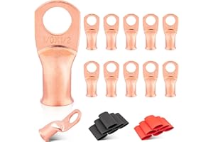 RED WOLF 1/0 AWG 1/2" Battery Cable Lug 12 PCS w/3:1 Heat Shrink Tubing for Wiring Insulation Black Red 12 PCS for Automotive Electrical 0 Gauge Wire Copper Lug Marine Grade M12 Ring Terminal Ends