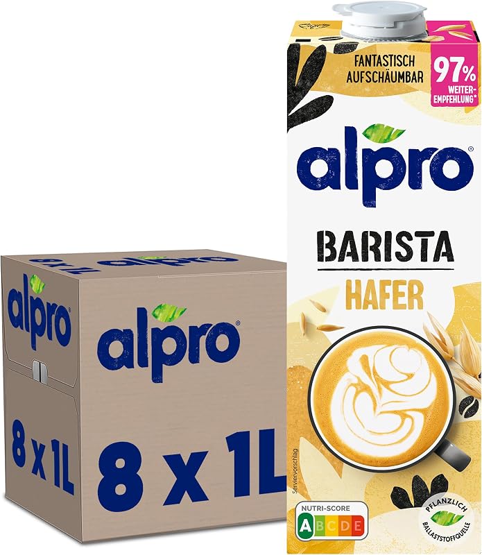 Barista Haferdrink – Zum Aufschäumen – Vegan und milchfrei – Von Natur aus laktosefrei – Reich an Ballaststoffen, Calcium und Vitaminen – 8 x 1 L – Haltbar