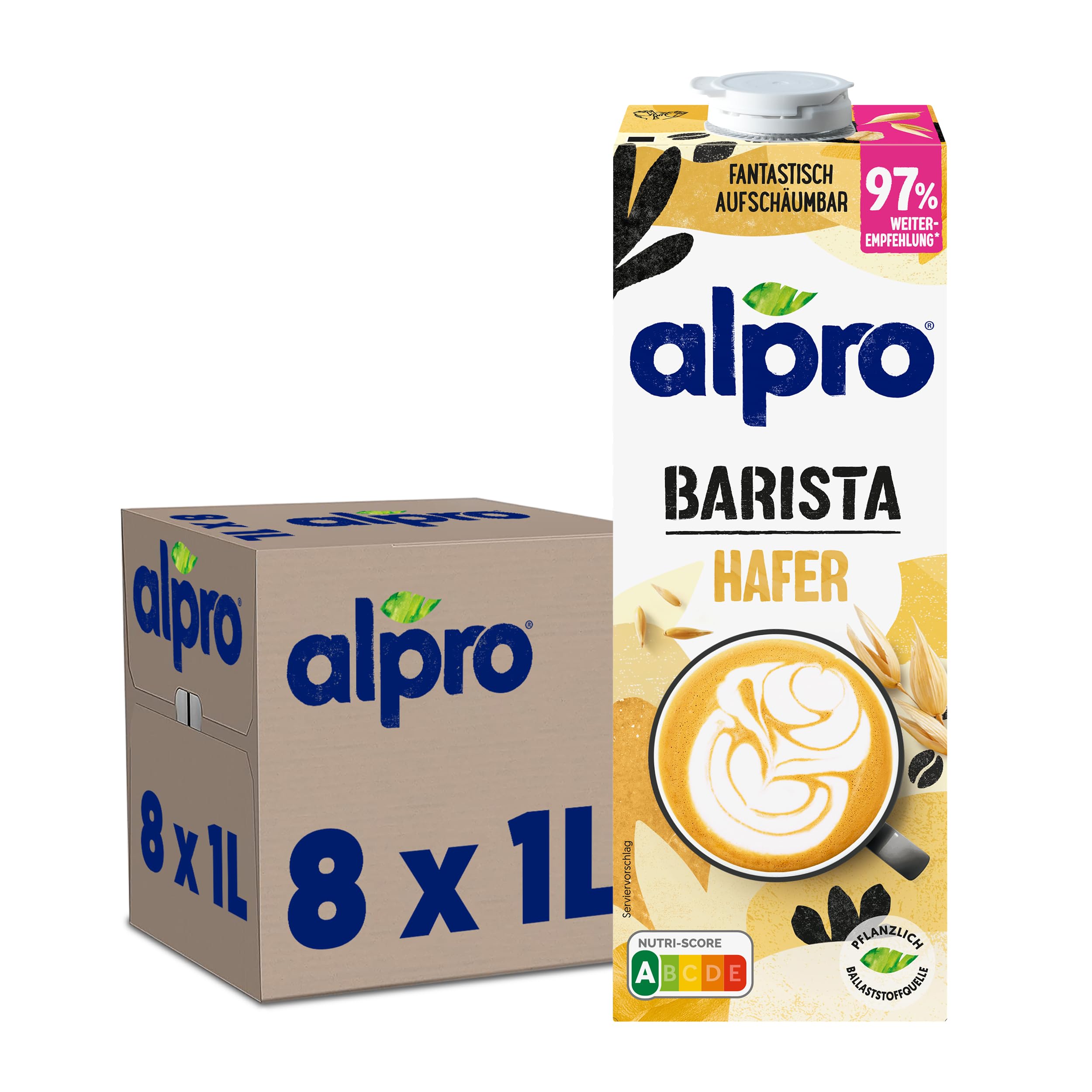 Alpro Barista Haferdrink – Zum Aufschäumen – Vegan und milchfrei – Von Natur aus laktosefrei – Reich an Ballaststoffen, Calcium und Vitaminen – 8 x 1 L – Haltbar