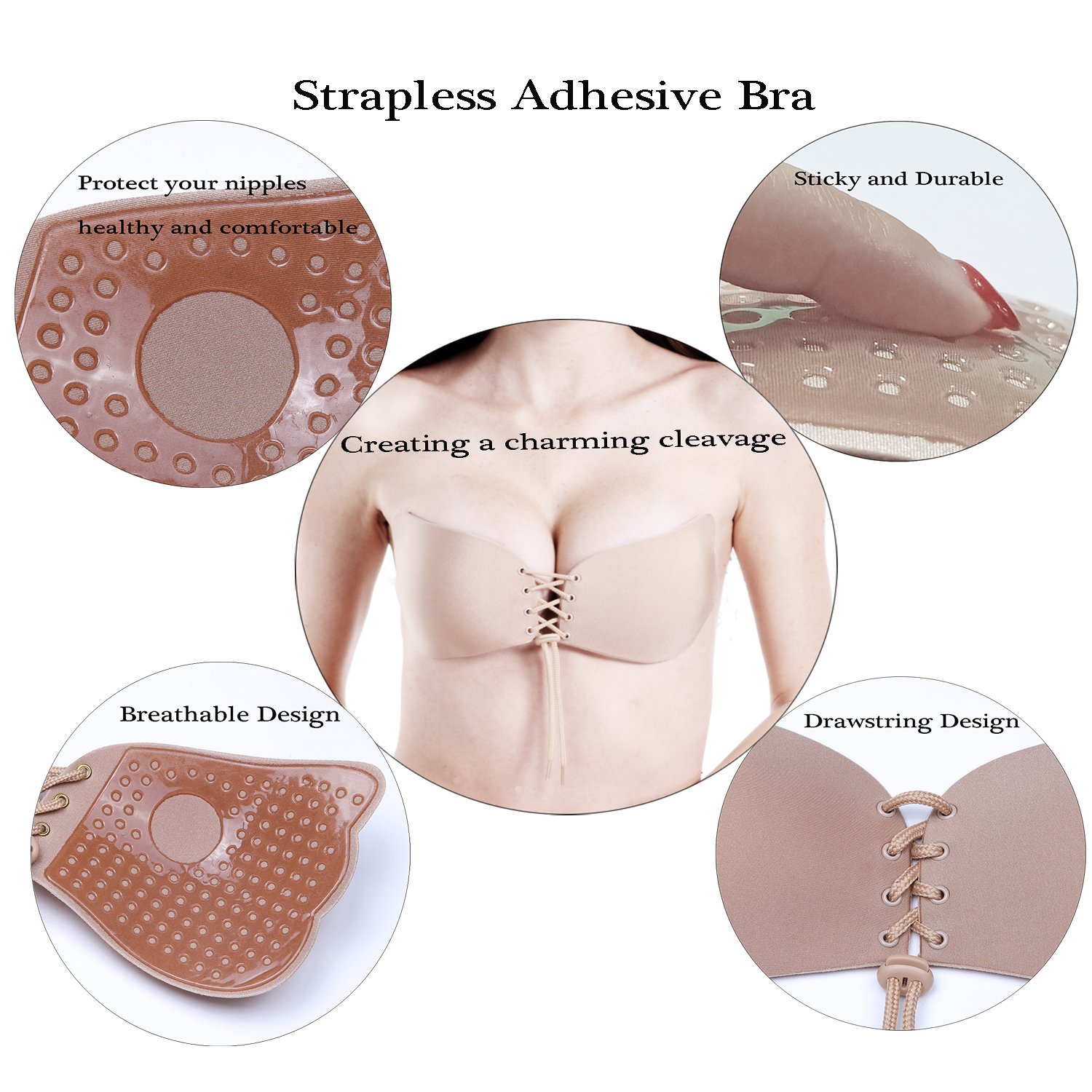 HouNa Self Adhesive Bra,Backless Strapless Invisible Lift Push-up Bra with Drawstring for Woman(2 Pack Black and Beige)