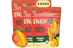 SOLELY - Organic Dried Mango Strips (5 oz Resealable Bags, Pack of 4) - Real Fresh Fruit - 1 Ingredient - Healthy Snacks for Adults & Kids - Non GMO, Vegan Snacks, Shelf Stable - 4 Bags (20 oz)