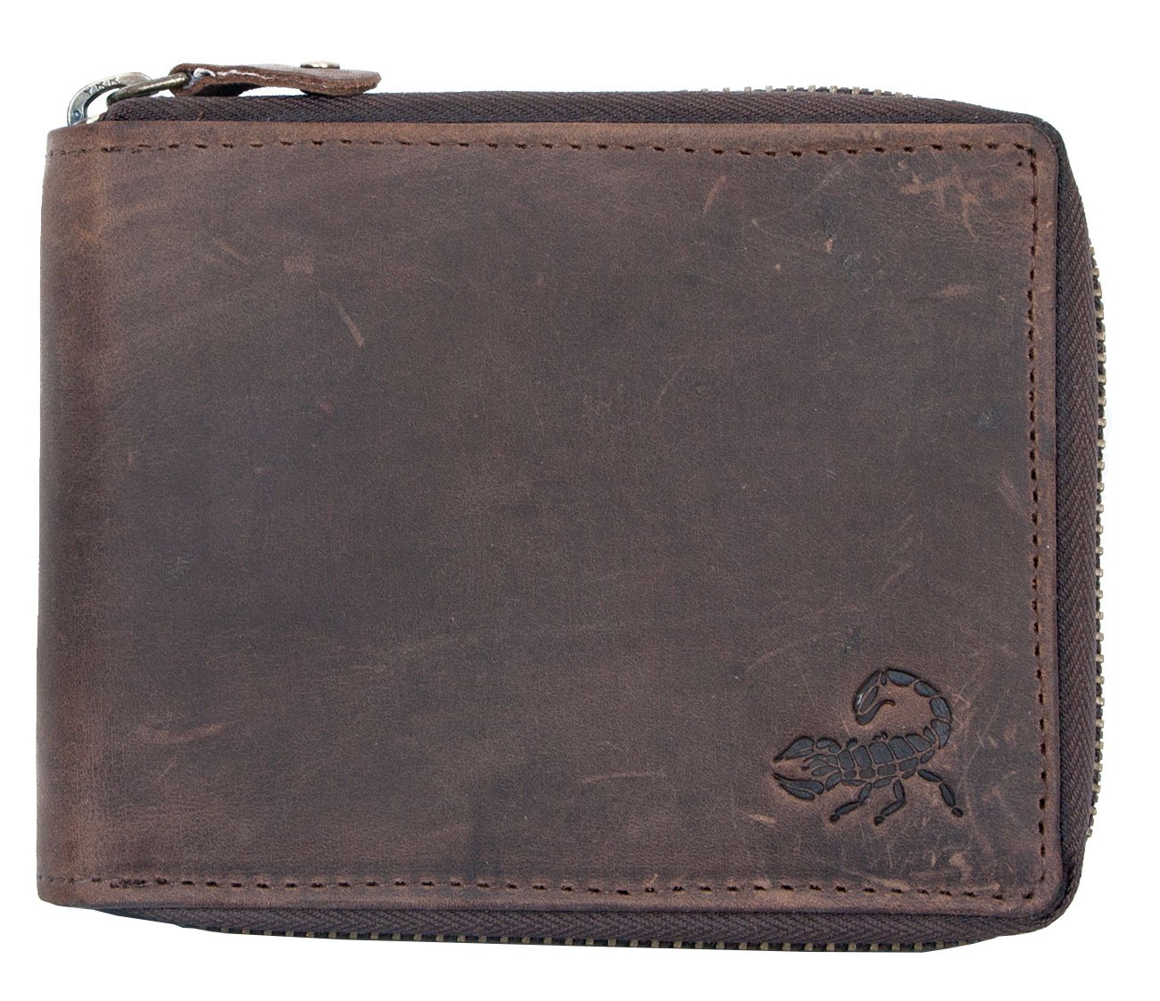 FLW Strong genuine leather wallet with a scorpion and metal zipper around