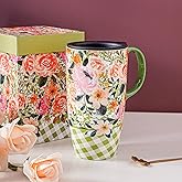 Topadorn Ceramic Mug Porcelain Latte Tea Cup Coffee Mug with Gift Box,17oz.Travel Cup with Lid, Green & Pink Flowers