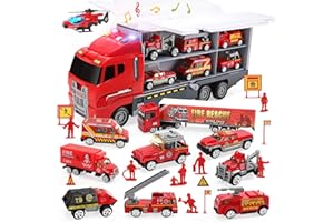 CUTE STONE 28 in 1 Fire Trucks with Sound and Light, Friction Powered Cars with 10 Mini Firetrucks, Rescue Emergency Double S