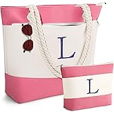YOOLIFE Christmas Gifts for Women - Personalized Initial Canvas Beach Bags for Women Gifts for Mom Teacher Friend Birthday