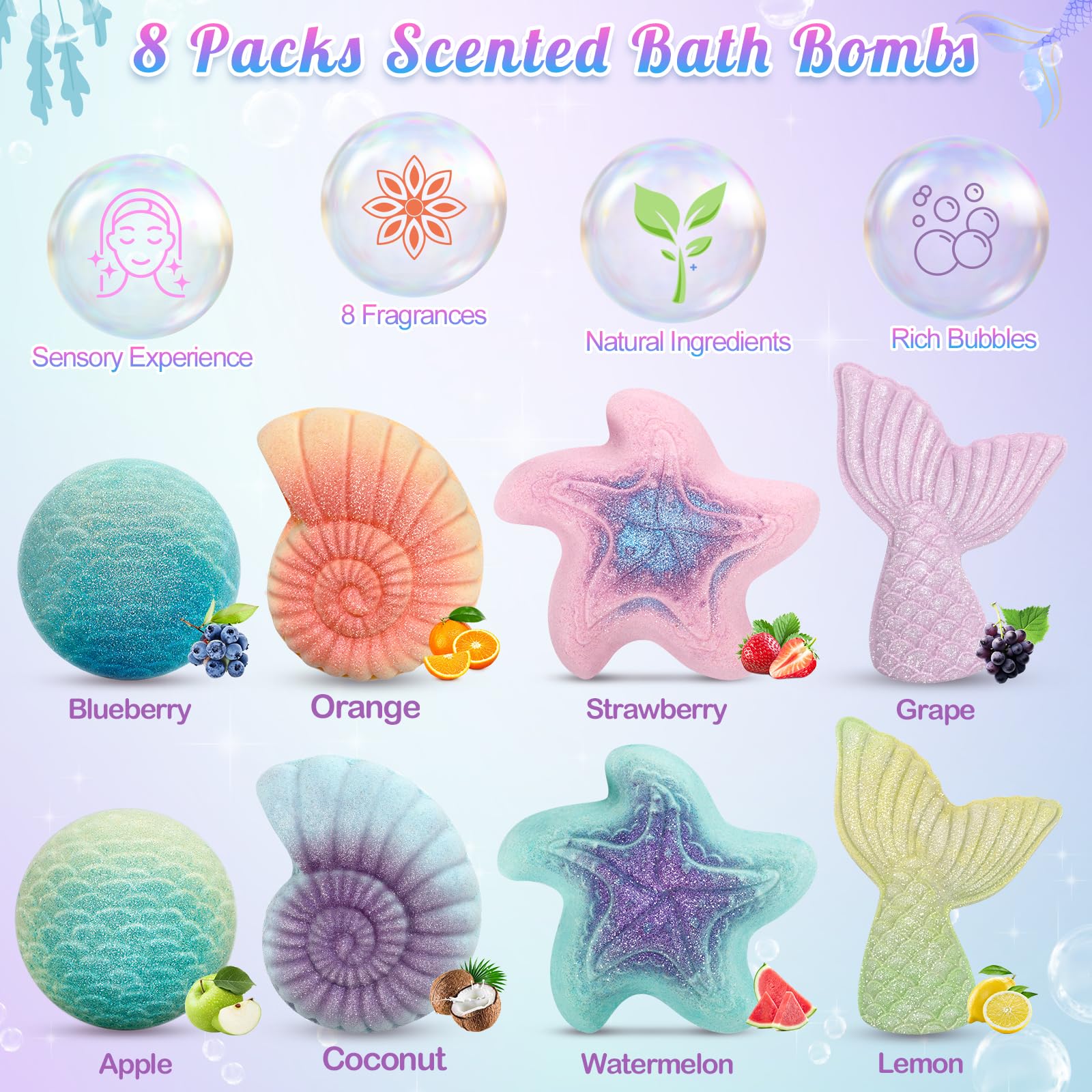 Mermaid Bath Bombs for Kids with Surprise Toys Inside, 8 Pcs Organic Natural Bubble Bath Bombs for Girls,Christmas Birthday Gift for 3 4 5 6 7 8 Year Old Girl,Princess Bath Bomb Kit with Mermaid Toys
