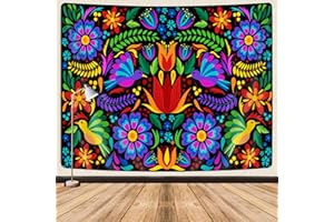 GOAOK Mexican Tapestry, Cute Bright Colorful Ethnic Floral Birds Butterfly Pattern Boho Tapestry, Mexican Embroidery Style Trippy Hippie Aesthetic Tapestries for Bedroom Living Room Dorm 60"x40", Black