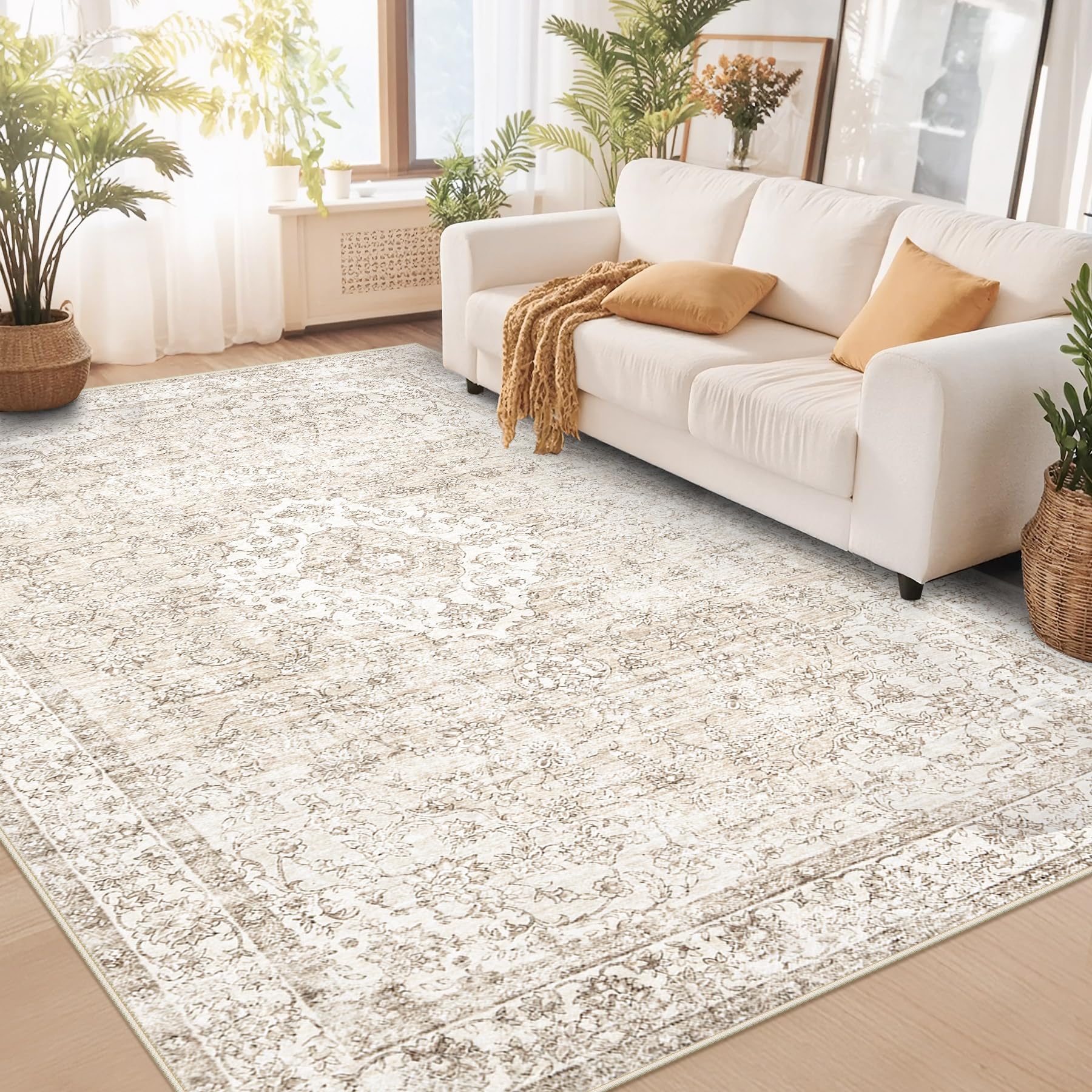 Photo 1 of 6x9 Area Rugs Washable Rug, Vintage Boho Floral Large Area Rug Soft Non Slip Low Pile Indoor Floor Carpet Retro Kids Rug for Living Room Bedroom Nursery Dining Room Dorm Home Office(BohoBeige, 6'x9')