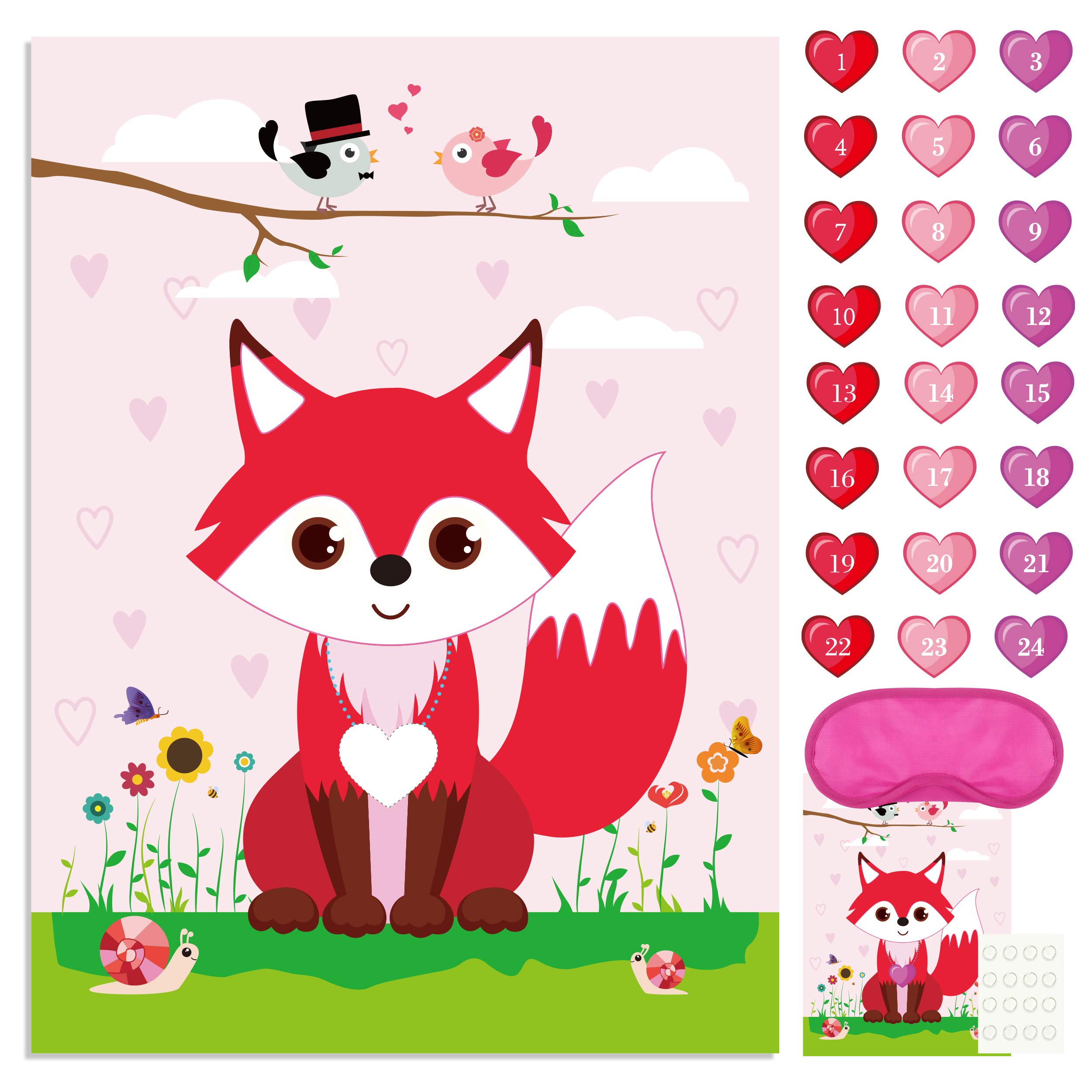 FEPITO Pin the Heart on the Fox Valentine's Day Game with 24Pcs Heart Stickers for Valentines Day Party Supplies, Kids Birthday Party Decoration