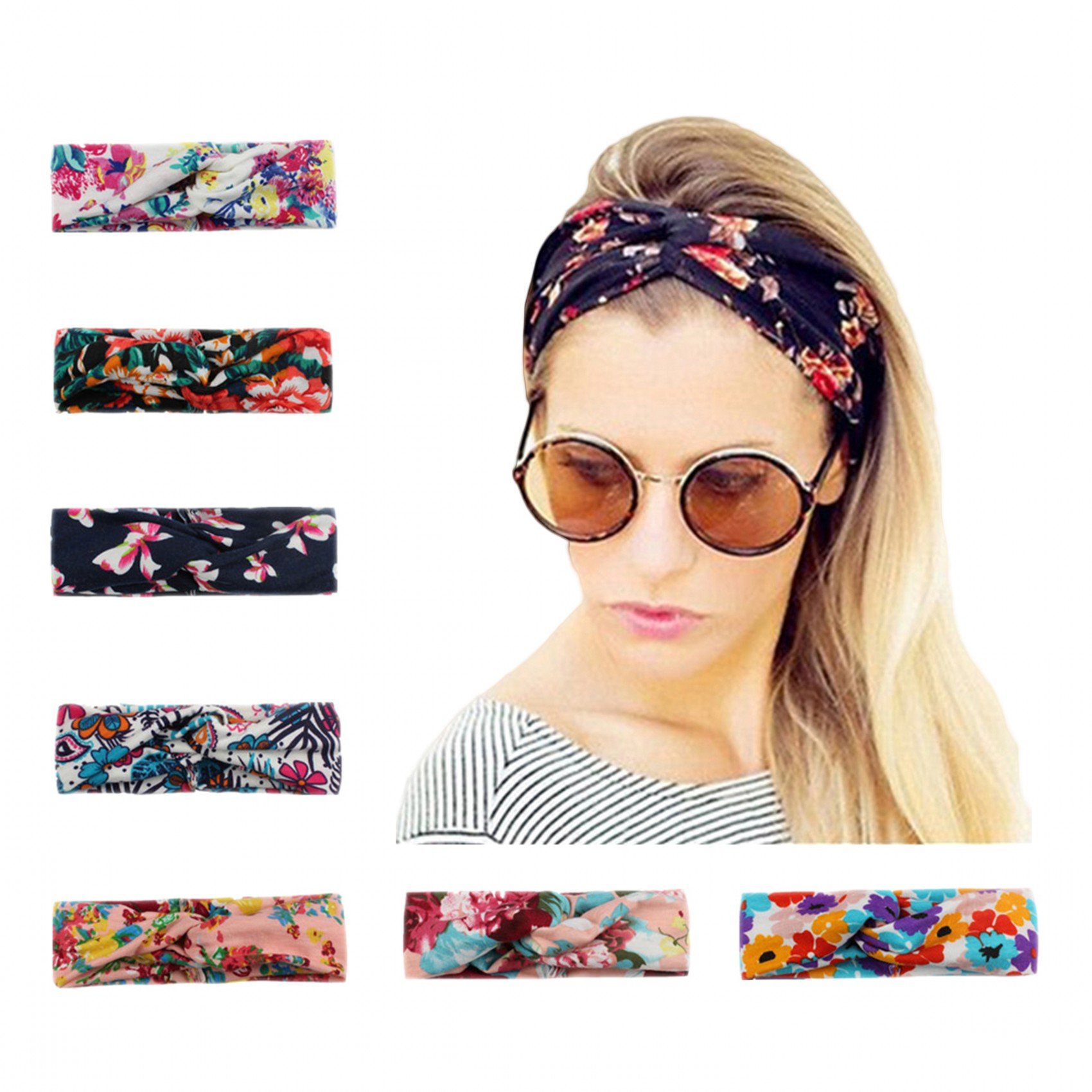 Calliar Womens Fashion Flower Bow Head Wrap Headbands Elastic Hair Band,7 Pack-Color 1