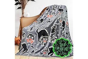 GEULAY Halloween Blanket Soft Fleece Black Cat Throw Blanket Glow in The Dark Blanket Toys Decor for Kids Boys Girls Teens Birthday