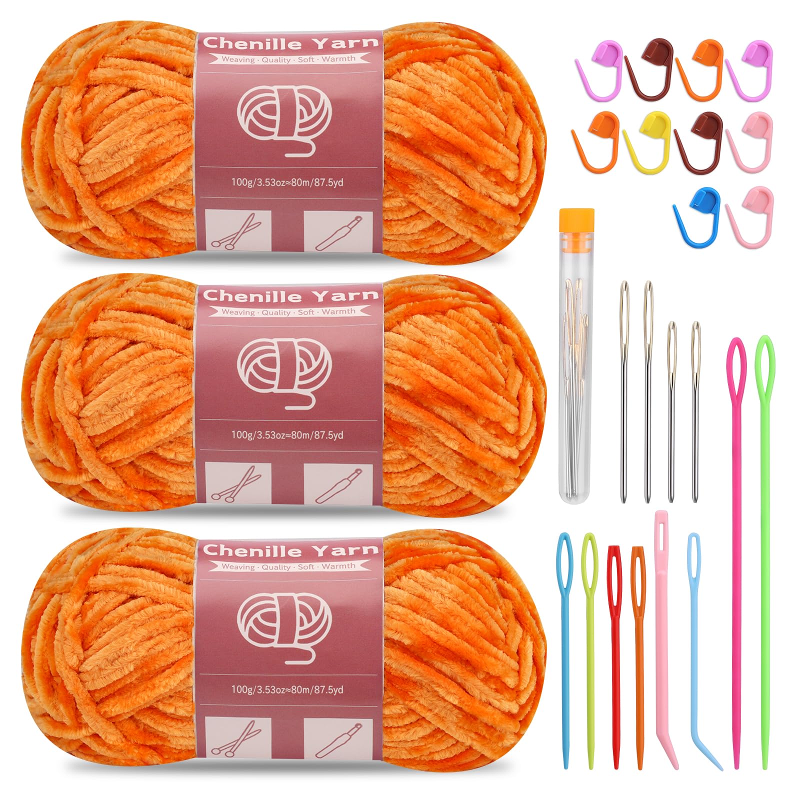 SUVSOON 3 * 100g Chenille Yarn, Chenille Velvet Yarn for Crocheting and Knitting with Needles Stitch Marker Handcrafts Weaving Soft Chenille Yarns for Blankets, Clothes, Pattern Knitting (Orange) — image 1