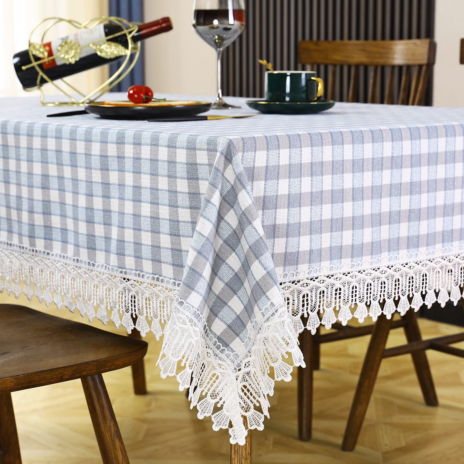 Square Table Cloth,110x110CM Small Tablecloth,Blue Plaid Round Table cloths,Cotton Linen Wrinkle-Free Lace Hem Tablecloths,Washable Table Cover for Kitchen/Dinning/Party/Buffet (Blue 43" x 43")