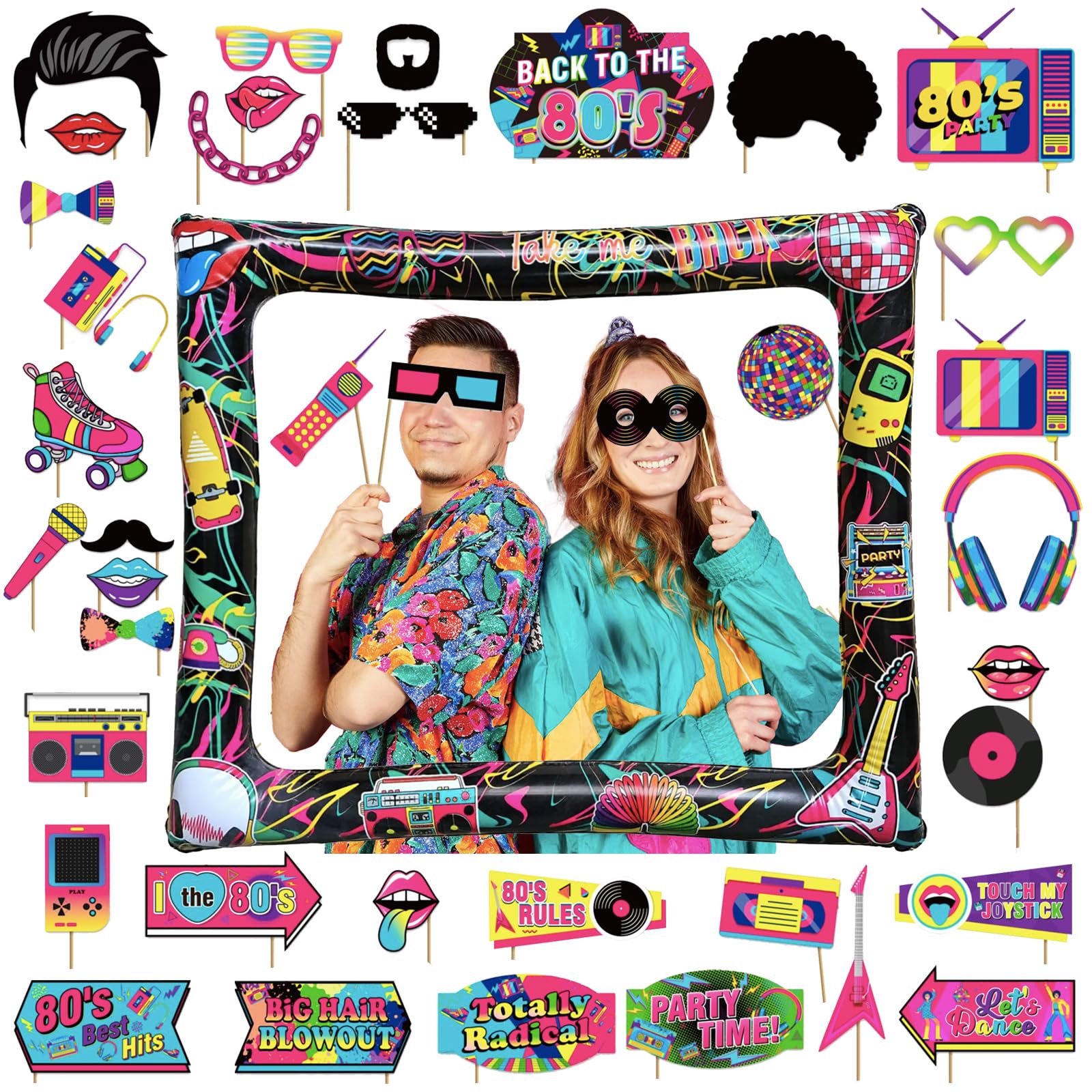 POPOYU 80s Retro Party Inflatable Photo Booth with 40Pcs Photo Booth Props Selfie Picture Frame for 1980s Disco Party,Kids Party Game Accessories,Giant Props Frame Celebration Blow Up Party Props