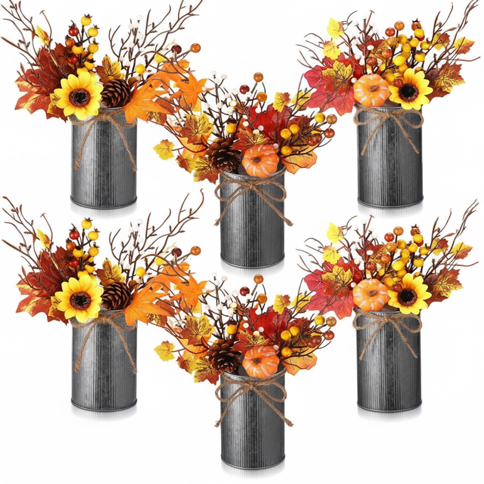 Photo 1 of ******** ONLY 5 ******** Zeyune 6 Sets Fall Thanksgiving Table Centerpiece Decoration Harvest Artificial Flower Stem Pumpkin Maple Berry Pick with Metal Pot for Autumn Rustic Farmhouse Home Kitchen Dining Indoor Decoration