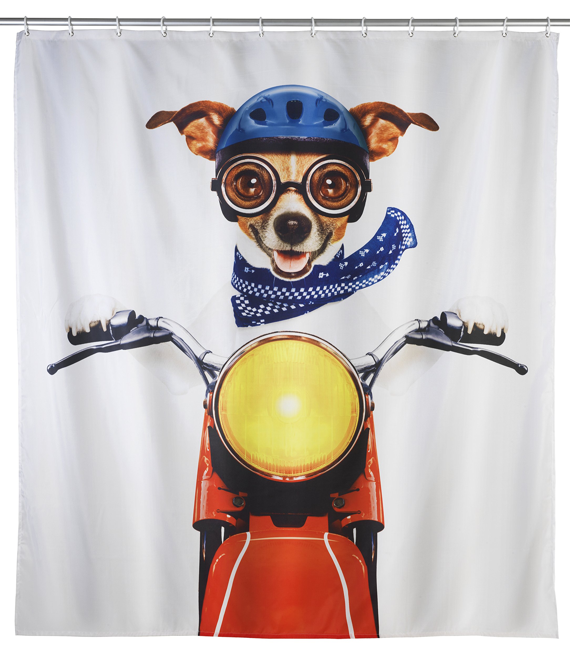 WENKO 22190100 Shower curtain Biker Dog - washable, with 12 rings, Polyester, 200 x 180 cm, Multicoloured