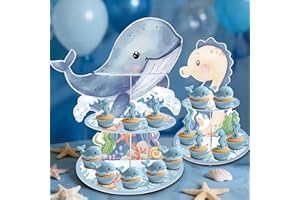 GRULLIN Under the Sea Party Decorations - 2PCS Ocean Animals Theme Cupcake Stands, Blue Whale Seahorse Dessert Holder for Bir