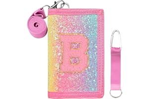 SiorVeol Girls Wallet for Kids Initial Glitter Wallets Trifold with Zipper and Card Slots Including Neck Lanyard and Hanging Strap, Vertical Rainbow, B