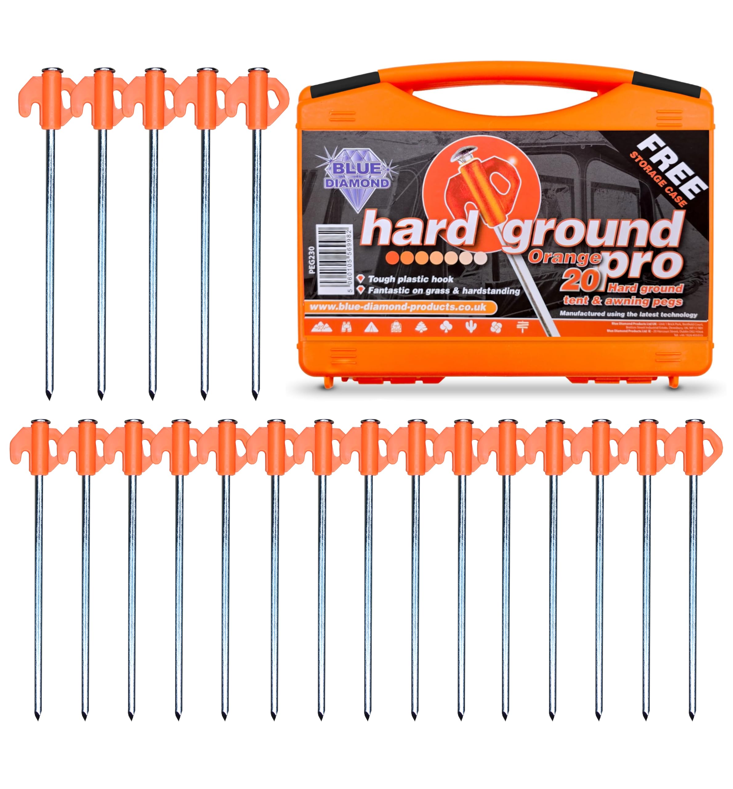 Blue Diamond Heavy Duty Tent Pegs - 20 Pack Hard Ground Tent Pegs, Camping Pegs for Awnings, Gazebos, Outdoor Use - Galvanized Steel (Carry Case)