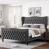 VINTLJUS King Bed Frame with Tall Headboard & Footboard, Velvet Upholstered Platform Bed Frame with Deep Button Tufted Wingback, No Box Spring Needed, Noise Free, Grey