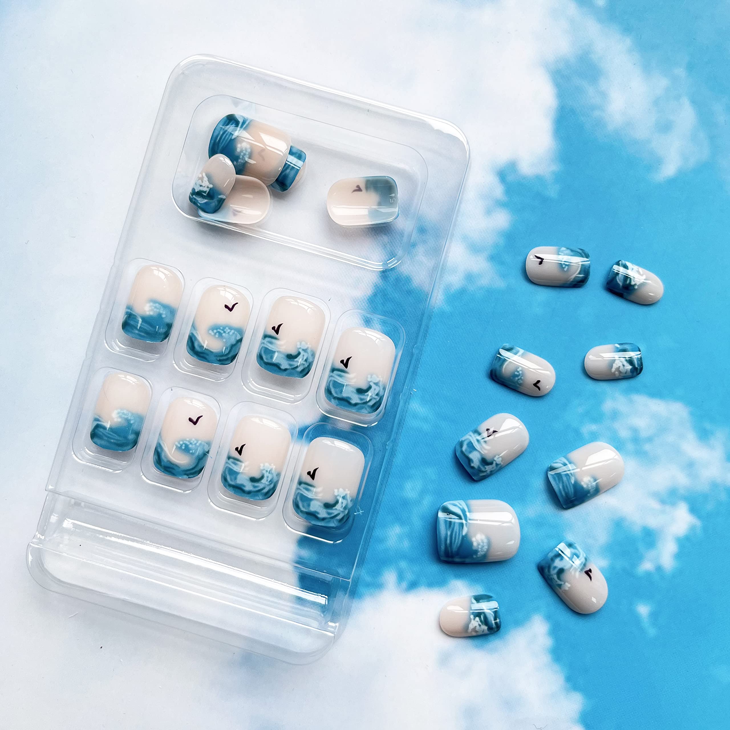 24Pcs Summer Press on Nails Short Blue Fake Nails Sea Wave French Tip Designs Square Acrylic Nails Nude Glossy Glue on Nails Extra Short Artificial Nails for Women Girls Holiday Nail Decorations - Image 6