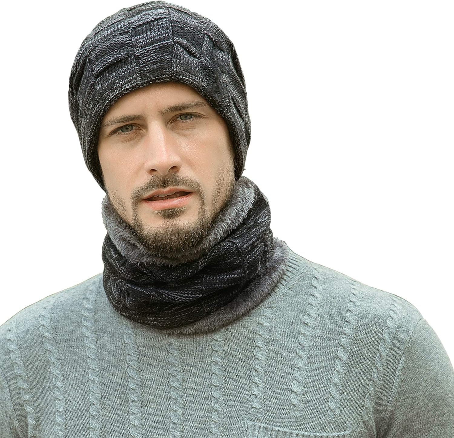 Winter Beanie Hats Scarf Set Warm Knit Hats Skull Cap Neck Warmer with Thick Fleece Lined Winter Hat & Scarf for Men Women at  Men’s Clothing store