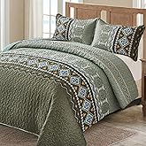 WONGS BEDDING Boho Quilt Set King,3 Piece Olive Green Fall Bedspread Coverlet Set with Geometry Printed for All Season, Lightweight Oversized Bohemian Bedding Set 104"×90"