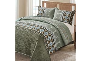 WONGS BEDDING Boho Quilt Set California King,3 Piece Olive Green Oversize Bedspread Coverlet Set with Geometry Printed for All Season, Lightweight Oversized Bohemian Bedding Set 106"×96"