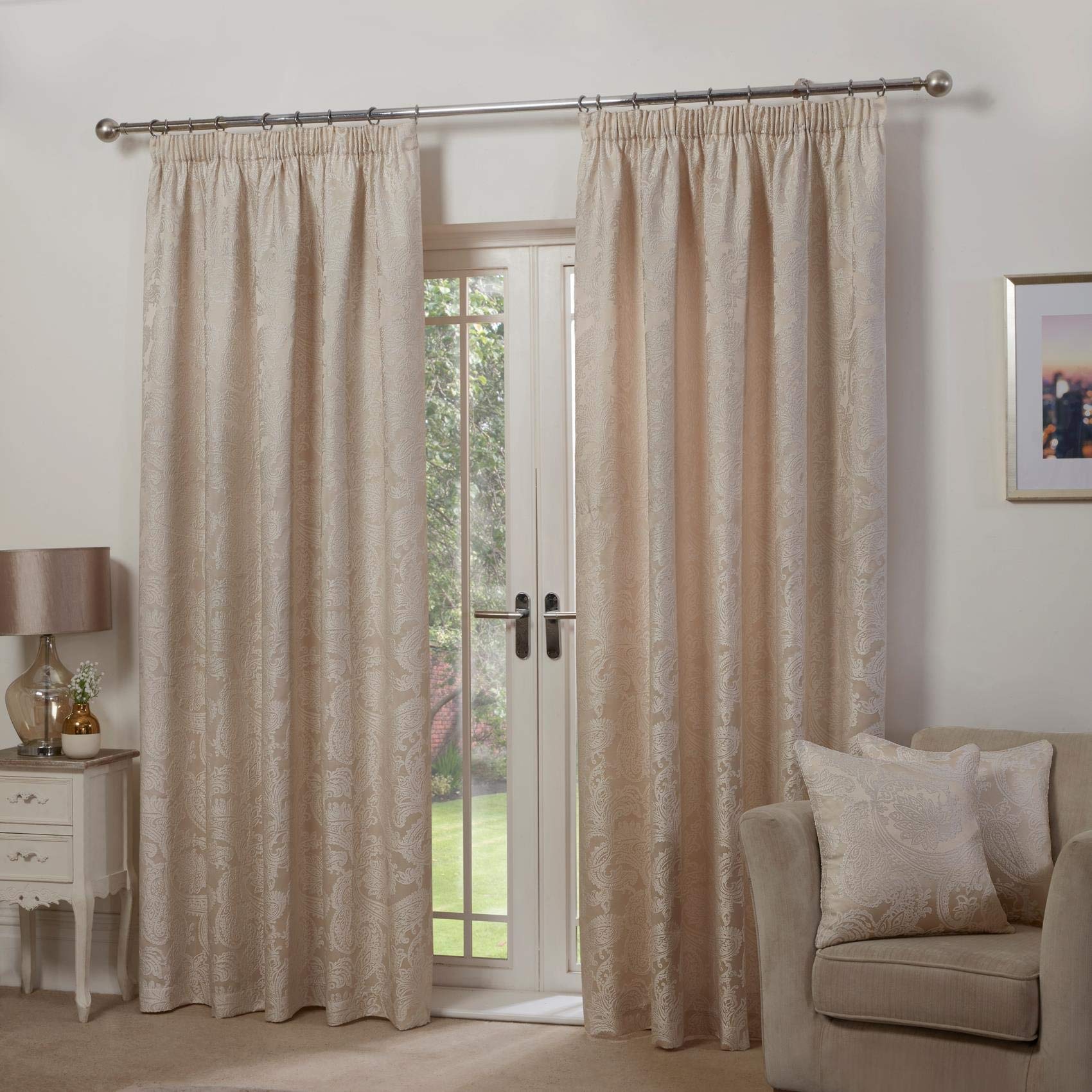 Emma Barclay – Fully Lined Curtains for Bedroom Living Room Jacquard Pencil Pleated Two Panel Paisley Damask Curtains Duchess Collection (66” x 54” Inch)(Cream)