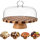 Checkerboard Wood Cake Stand with Glass Dome Lid, 12 Inch Round Rotating | Ideal for displaying cakes, desserts, pizza, fruits and more, Wooden Cake Holder Set for Wedding Birthday Kitchen Party