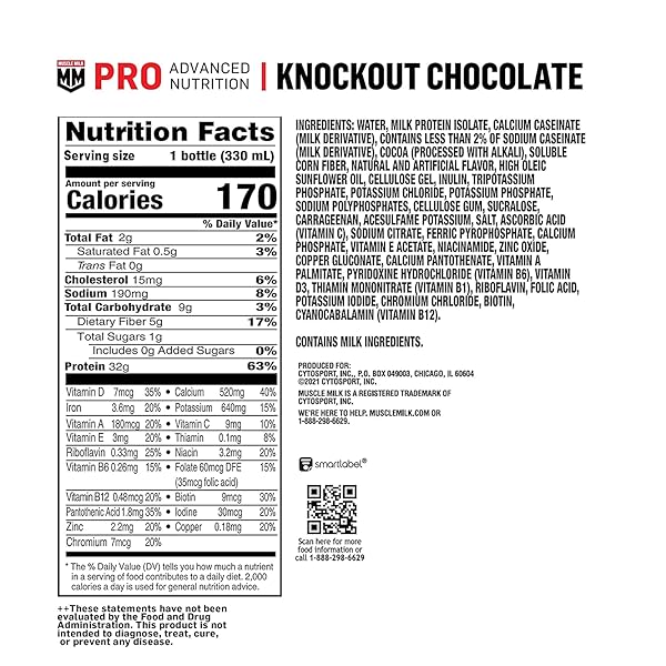 MUSCLE MILK PRO ADVANCED NUTRITION PROTEIN SHAKE, KNOCKOUT CHOCOLATE, 11.16 FL OZ (PACK OF 12), 32G PROTEIN, 1G SUGAR, 16 VITAMINS & MINERALS, 5G FIBER, WORKOUT RECOVERY, ENERGIZING SNACK, PACKAGING MAY VARY