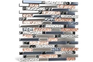 Blujellyfish Mosaic Tiles Crystal Glass Tile Rose Gold Interlocking Chrome Silver Black Ink Blue Mosaic Bath Kitchen Fireplace Decor TSTGT107 (5 Square Feet)